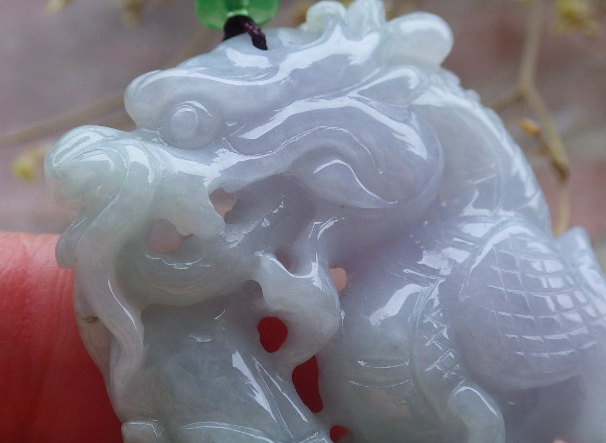 Certified Green Pale Lavender Burma 100% Natural A Jade jadeite Pendant Dragon Mouse Rat Necklace 望子成龙 649991 TN