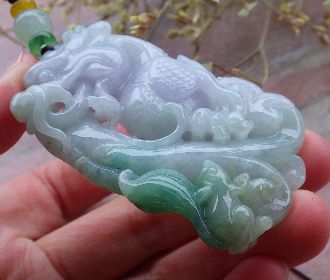 Certified Green Pale Lavender Burma 100% Natural A Jade jadeite Pendant Dragon Mouse Rat Necklace 望子成龙 649991 TN