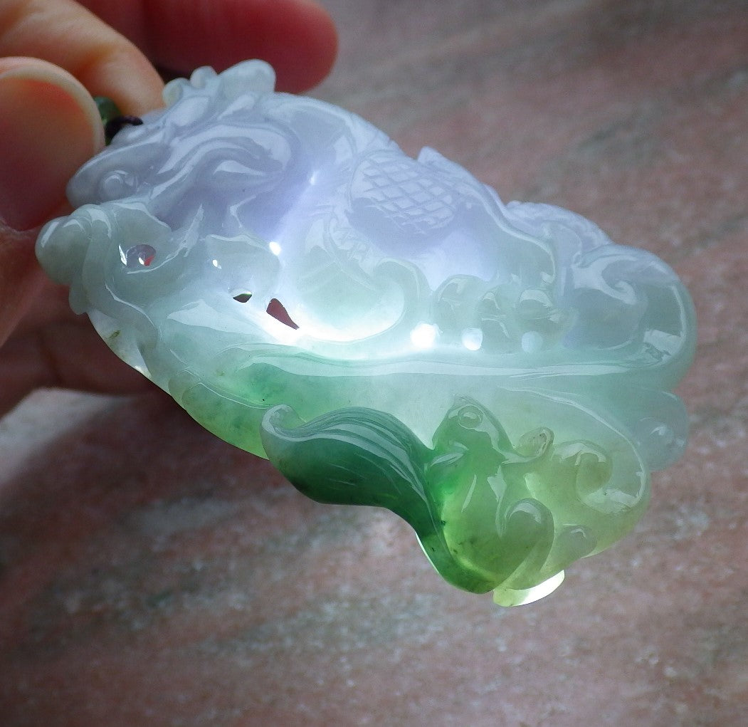 Certified Green Pale Lavender Burma 100% Natural A Jade jadeite Pendant Dragon Mouse Rat Necklace 望子成龙 649991 TN