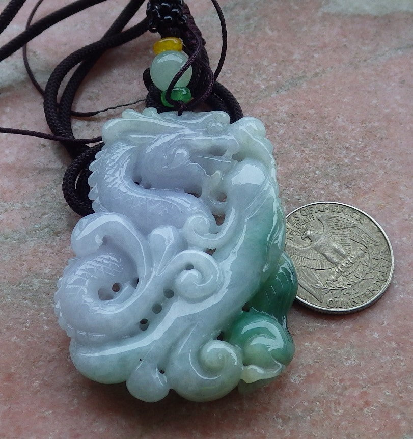 Certified Green Pale Lavender Burma 100% Natural A Jade jadeite Pendant Dragon Mouse Rat Necklace 望子成龙 649991 TN