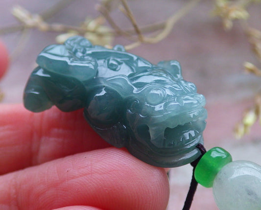 Certified Icy Green Burma 100% Natural A Jade jadeitePendant Dragon Pi Xiu Coin Ruyi Necklace 风水貔貅 650035 TN