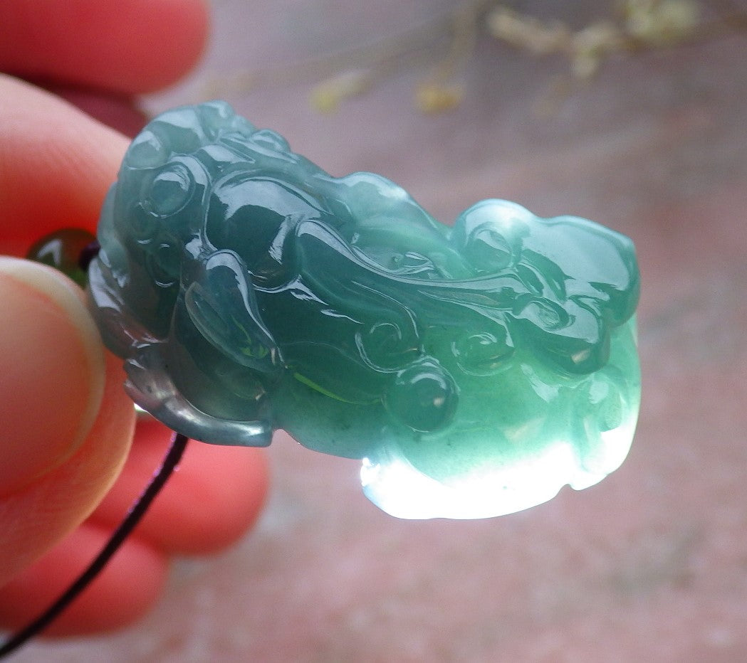 Certified Icy Green Burma 100% Natural A Jade jadeitePendant Dragon Pi Xiu Coin Ruyi Necklace 风水貔貅 650035 TN