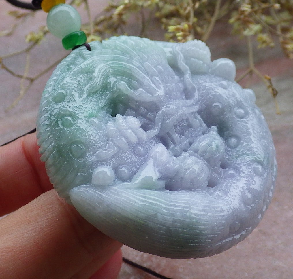 Certified Lavender Green Burma 100% Natural A Jade jadeite Pendant Dragon Mouse Rat Peanut Ruyi Necklace 望子成龙 650108 TN