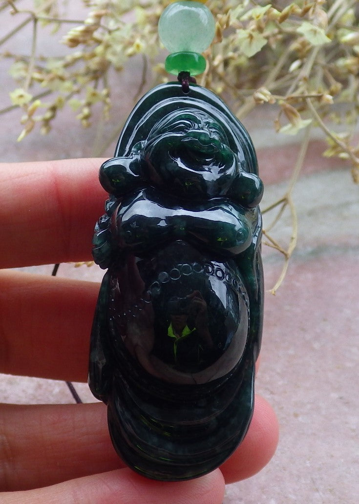 Certified Green Burma 100% Natural A Jade jadeite pendant Happy Buddha God Necklace 开心佛 650116 TN