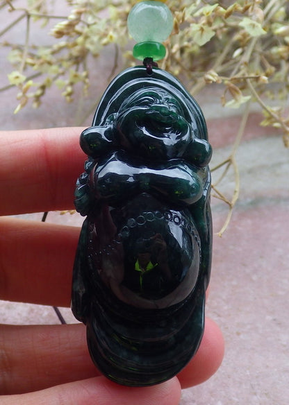 Certified Green Burma 100% Natural A Jade jadeite pendant Happy Buddha God Necklace 开心佛 650116 TN