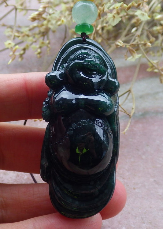 Certified Green Burma 100% Natural A Jade jadeite pendant Happy Buddha God Necklace 开心佛 650116 TN