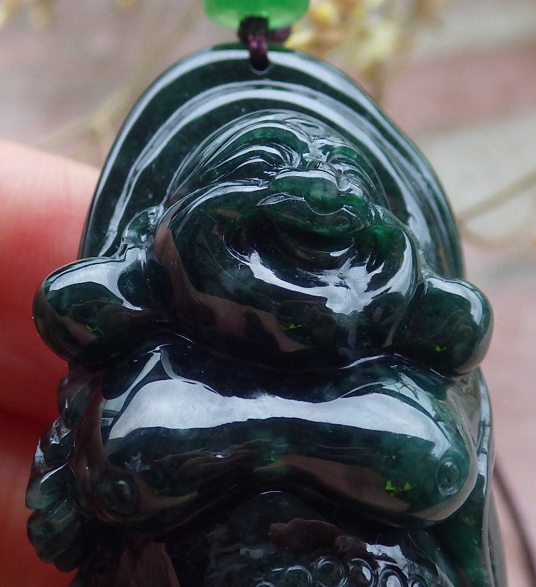 Certified Green Burma 100% Natural A Jade jadeite pendant Happy Buddha God Necklace 开心佛 650116 TN