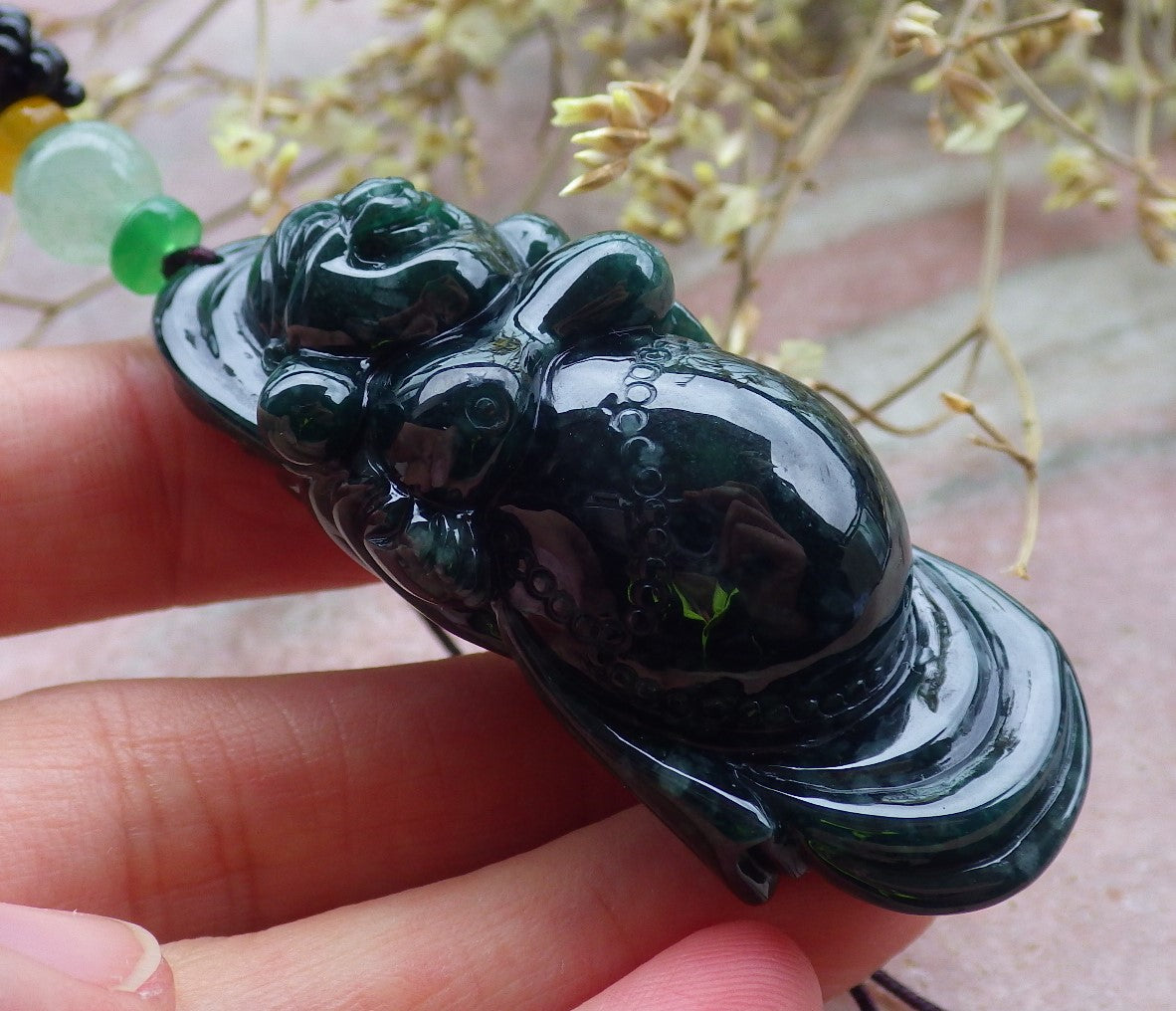 Certified Green Burma 100% Natural A Jade jadeite pendant Happy Buddha God Necklace 开心佛 650116 TN