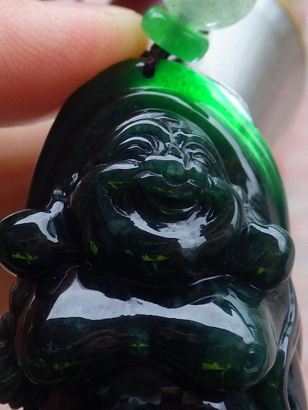 Certified Green Burma 100% Natural A Jade jadeite pendant Happy Buddha God Necklace 开心佛 650116 TN