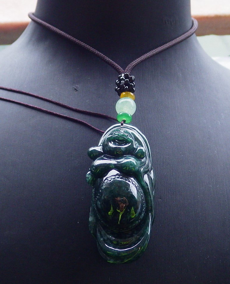 Certified Green Burma 100% Natural A Jade jadeite pendant Happy Buddha God Necklace 开心佛 650116 TN
