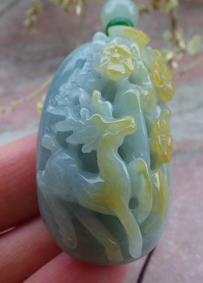 Certified Yellow Green Burma 100% Natural A Jade jadeite Pendant Deer Flower Necklace 梅花鹿 650181 TN