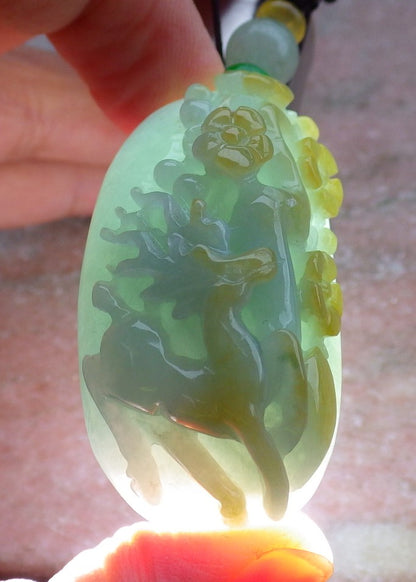 Certified Yellow Green Burma 100% Natural A Jade jadeite Pendant Deer Flower Necklace 梅花鹿 650181 TN