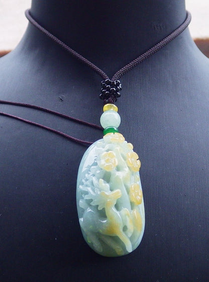 Certified Yellow Green Burma 100% Natural A Jade jadeite Pendant Deer Flower Necklace 梅花鹿 650181 TN