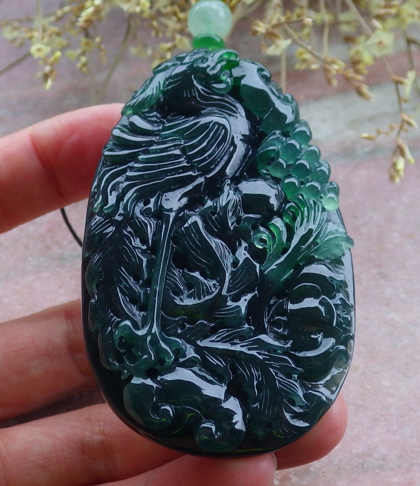 Certified Icy Green Burma 100% Natural A Jade jadeite Pendant Phoenix Flower Ruyi Bead Necklace 凤凰 650200 TN