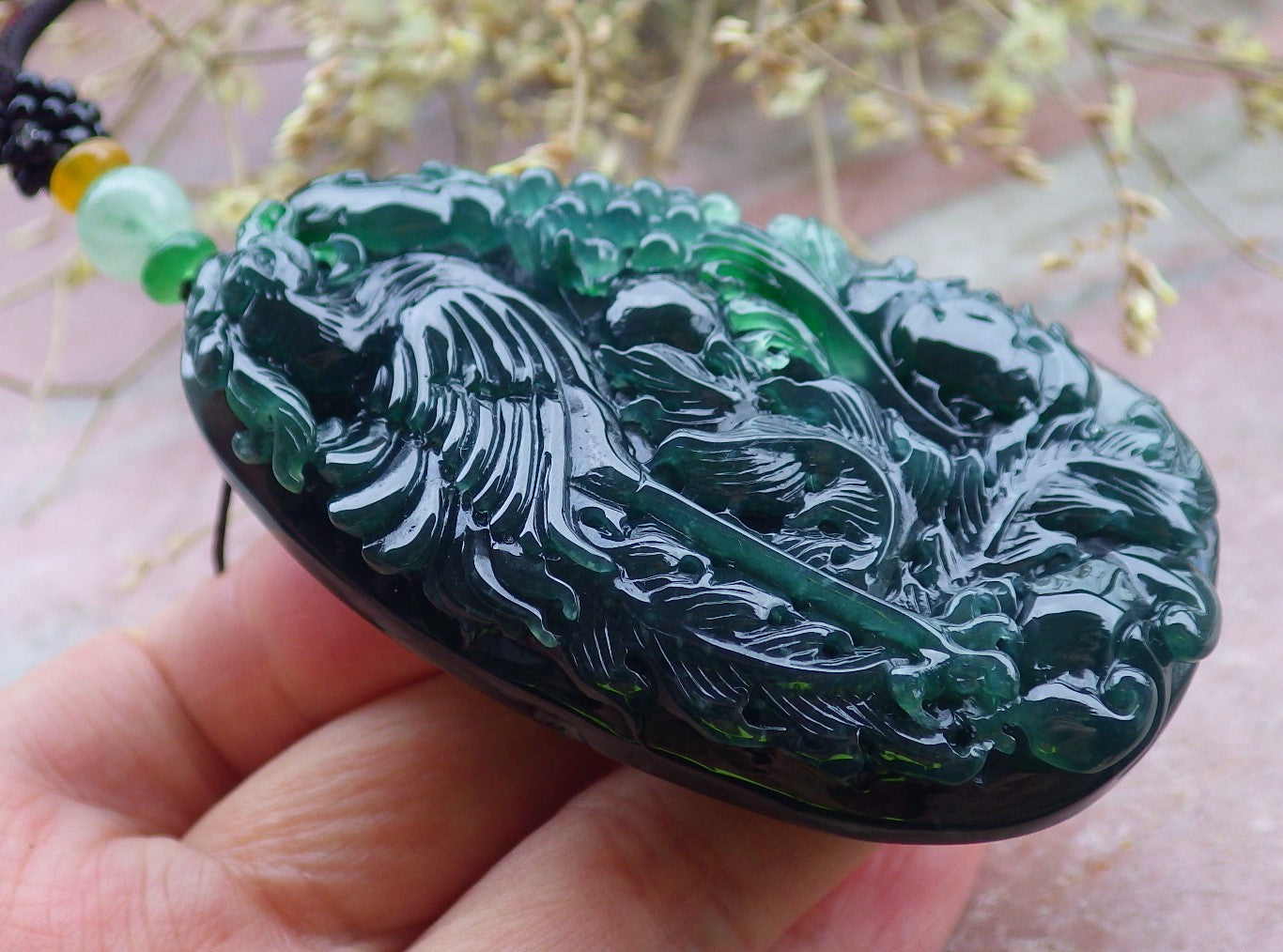 Certified Icy Green Burma 100% Natural A Jade jadeite Pendant Phoenix Flower Ruyi Bead Necklace 凤凰 650200 TN