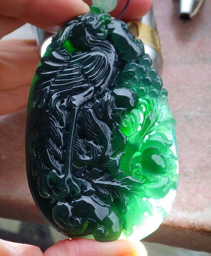 Certified Icy Green Burma 100% Natural A Jade jadeite Pendant Phoenix Flower Ruyi Bead Necklace 凤凰 650200 TN
