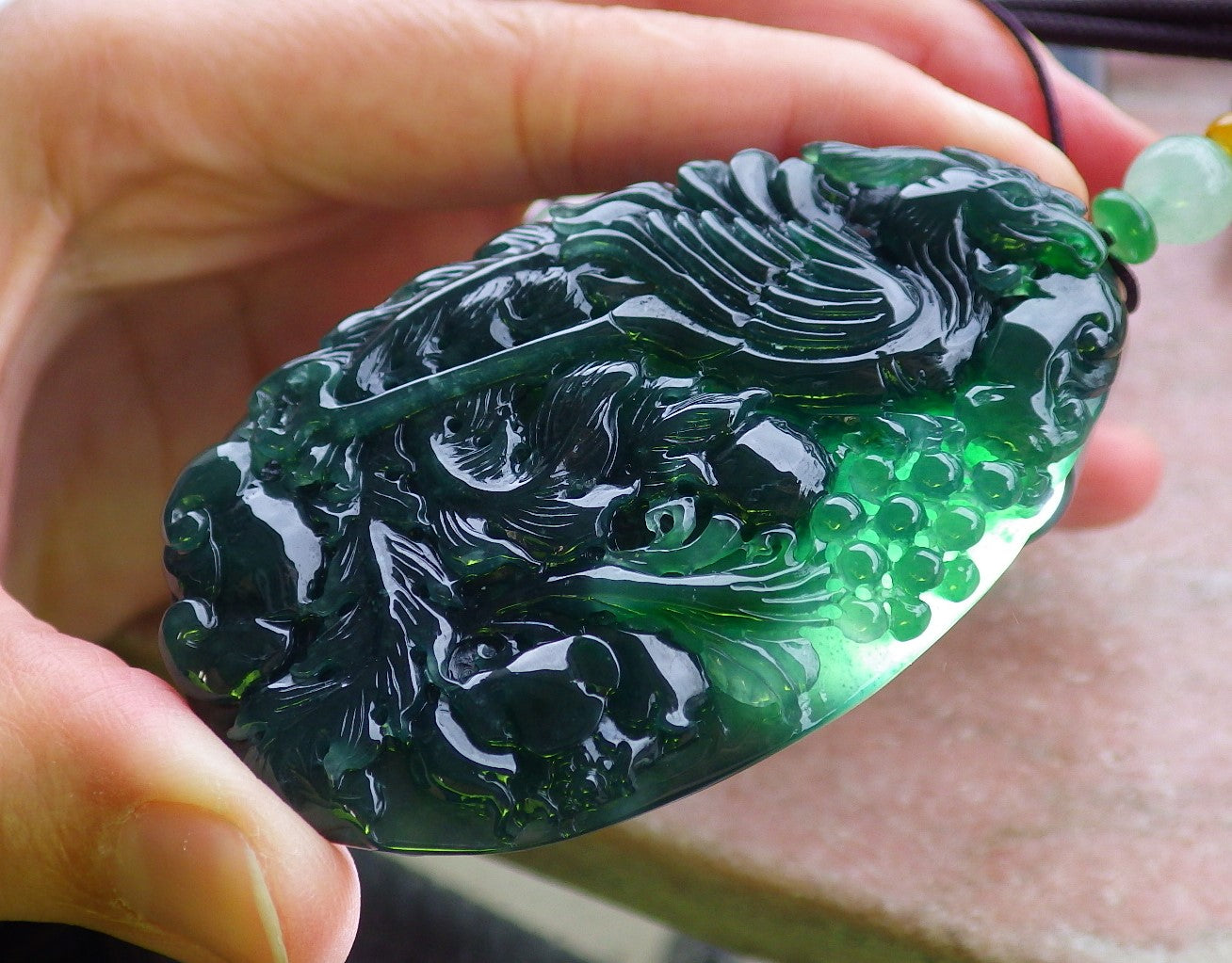Certified Icy Green Burma 100% Natural A Jade jadeite Pendant Phoenix Flower Ruyi Bead Necklace 凤凰 650200 TN