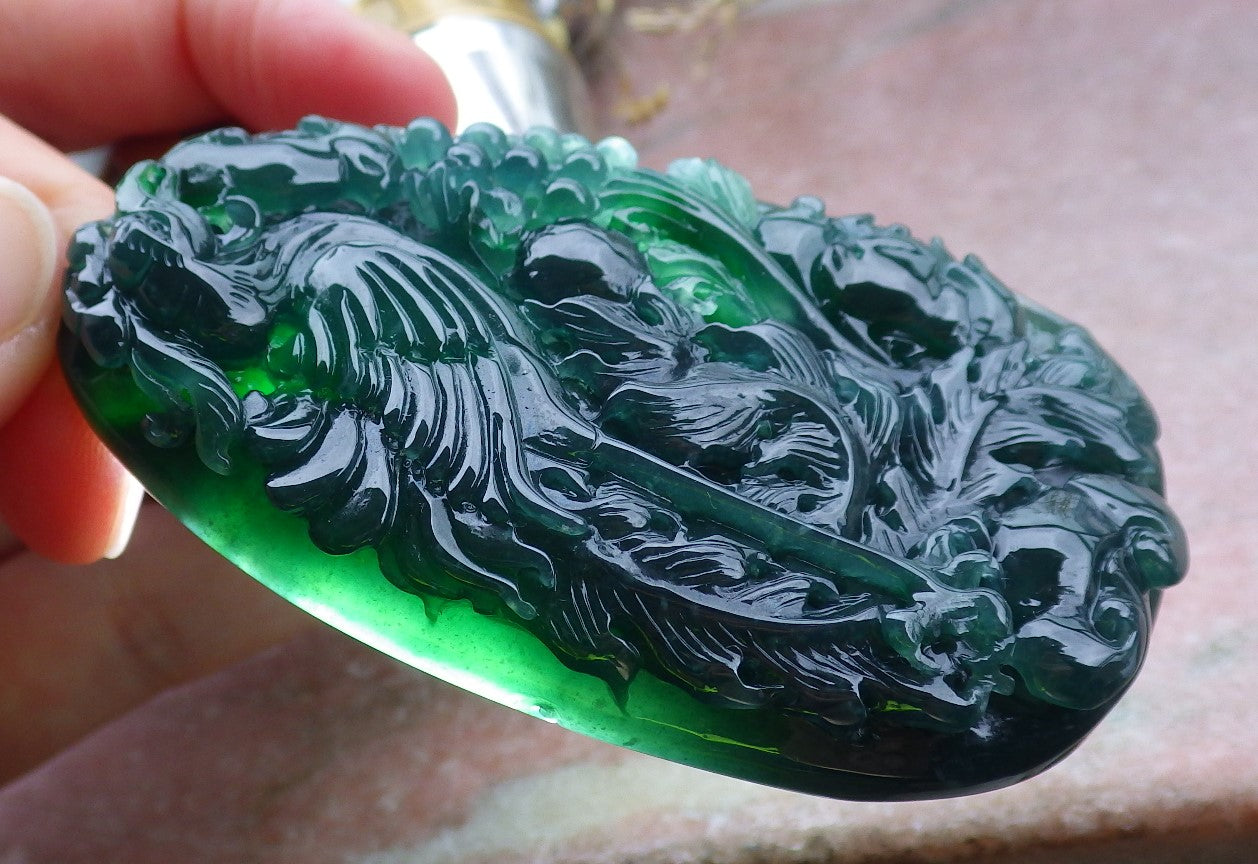 Certified Icy Green Burma 100% Natural A Jade jadeite Pendant Phoenix Flower Ruyi Bead Necklace 凤凰 650200 TN