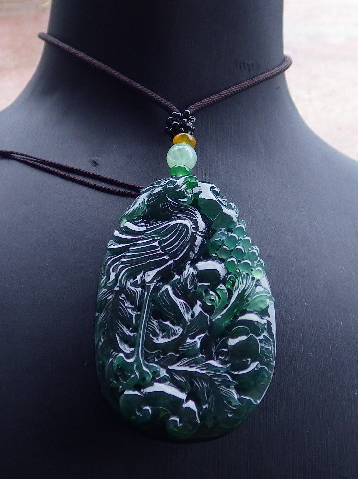 Certified Icy Green Burma 100% Natural A Jade jadeite Pendant Phoenix Flower Ruyi Bead Necklace 凤凰 650200 TN