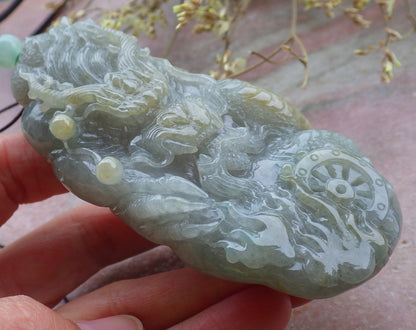 Certified Yellow Burma 100% Natural A Jade jadeite Pendant Dragon Bead Necklace 生意兴隆 650222 TN