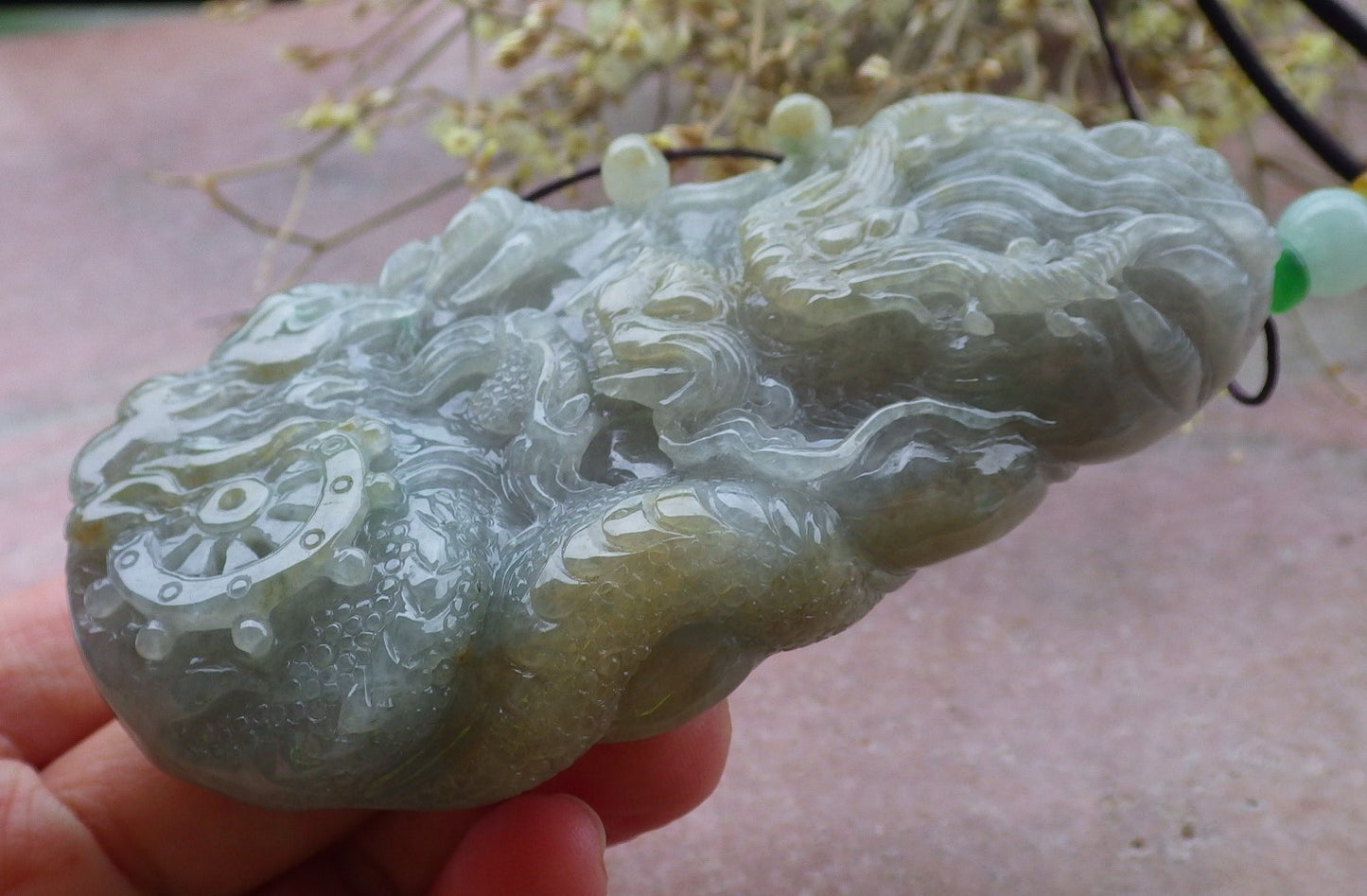 Certified Yellow Burma 100% Natural A Jade jadeite Pendant Dragon Bead Necklace 生意兴隆 650222 TN