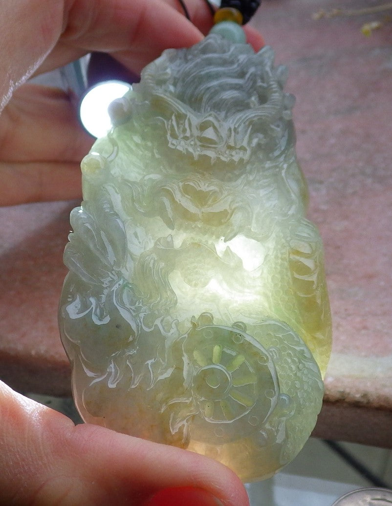 Certified Yellow Burma 100% Natural A Jade jadeite Pendant Dragon Bead Necklace 生意兴隆 650222 TN