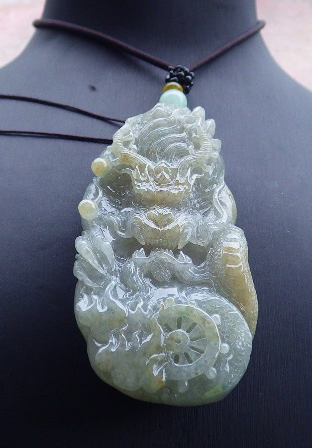 Certified Yellow Burma 100% Natural A Jade jadeite Pendant Dragon Bead Necklace 生意兴隆 650222 TN