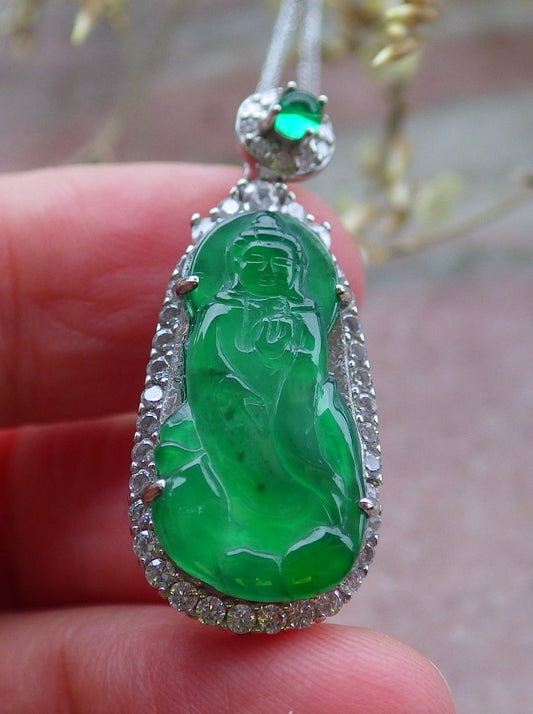 Sterling Silver 925 Certified Icy Green Burma 100% Natural A JADE Jadeite pendant Guanyin Kwan Yin Necklace 观音 650263 TN