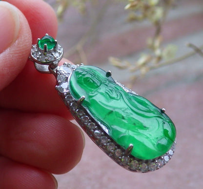 Sterling Silver 925 Certified Icy Green Burma 100% Natural A JADE Jadeite pendant Guanyin Kwan Yin Necklace 观音 650263 TN