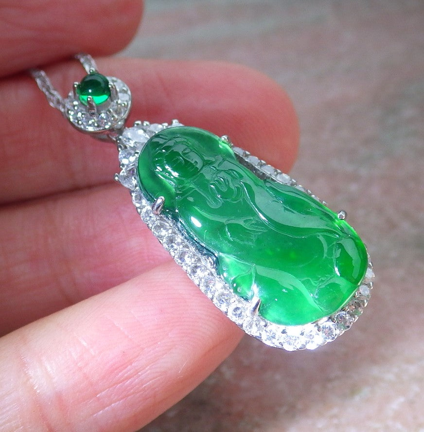 Sterling Silver 925 Certified Icy Green Burma 100% Natural A JADE Jadeite pendant Guanyin Kwan Yin Necklace 观音 650263 TN