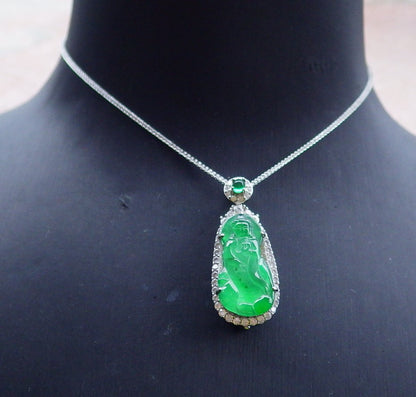 Sterling Silver 925 Certified Icy Green Burma 100% Natural A JADE Jadeite pendant Guanyin Kwan Yin Necklace 观音 650263 TN