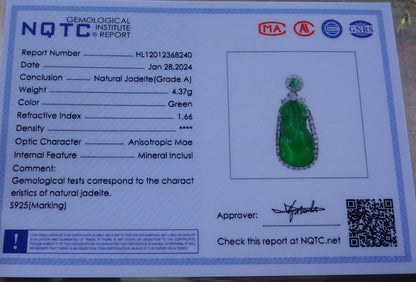 Sterling Silver 925 Certified Icy Green Burma 100% Natural A JADE Jadeite pendant Guanyin Kwan Yin Necklace 观音 650263 TN