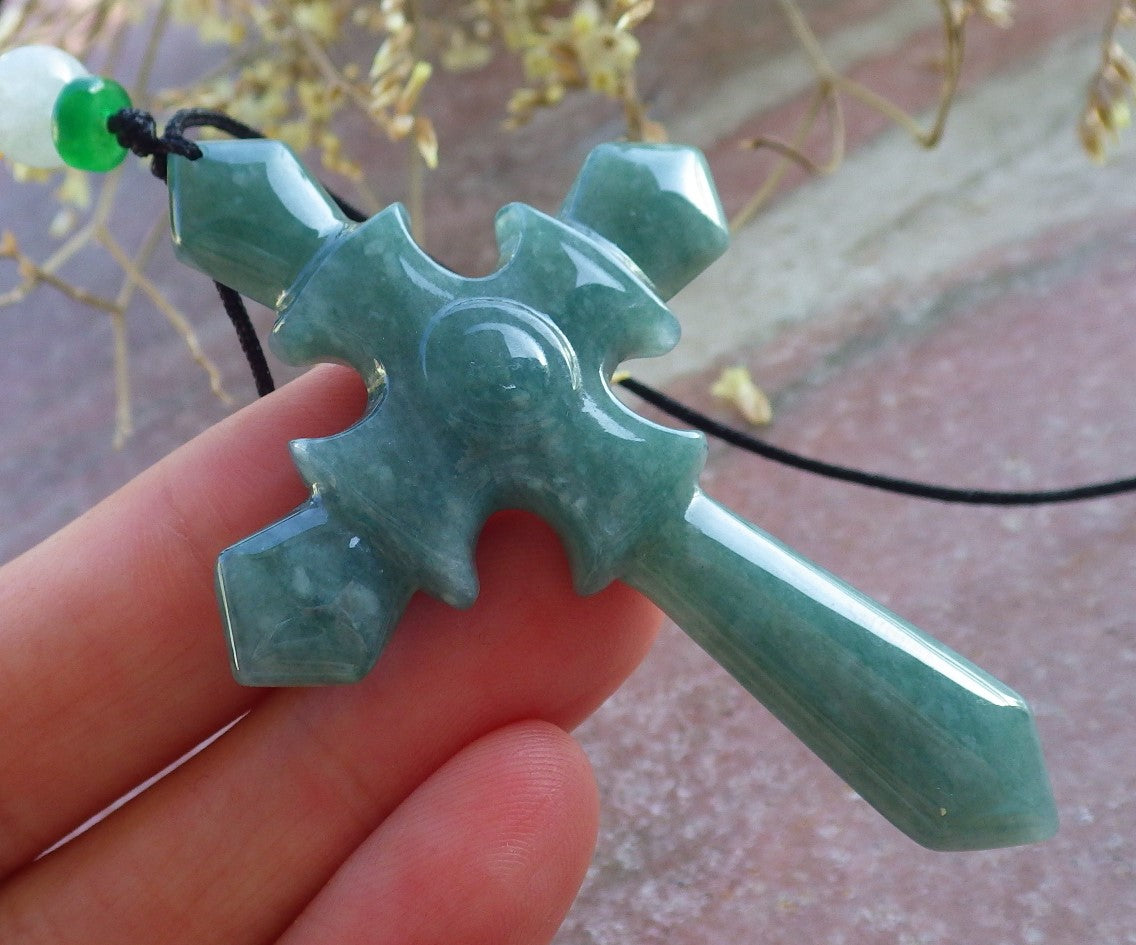 Certified Icy Green Burma 100% Natural A Jade jadeite Pendant Jesus Cross Necklace 十字架 650286 TN