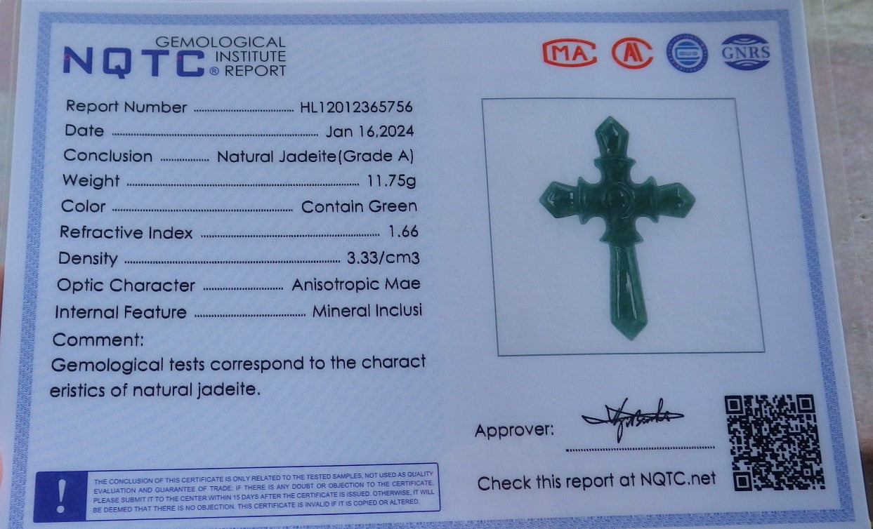 Certified Icy Green Burma 100% Natural A Jade jadeite Pendant Jesus Cross Necklace 十字架 650286 TN