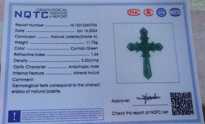 Certified Icy Green Burma 100% Natural A Jade jadeite Pendant Jesus Cross Necklace 十字架 650286 TN