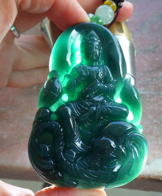 Certified Icy Green Burma 100% Natural A Jade jadeite Pendant  Guanyin Kwan Yin Elephant Necklace 观音 650363 TN