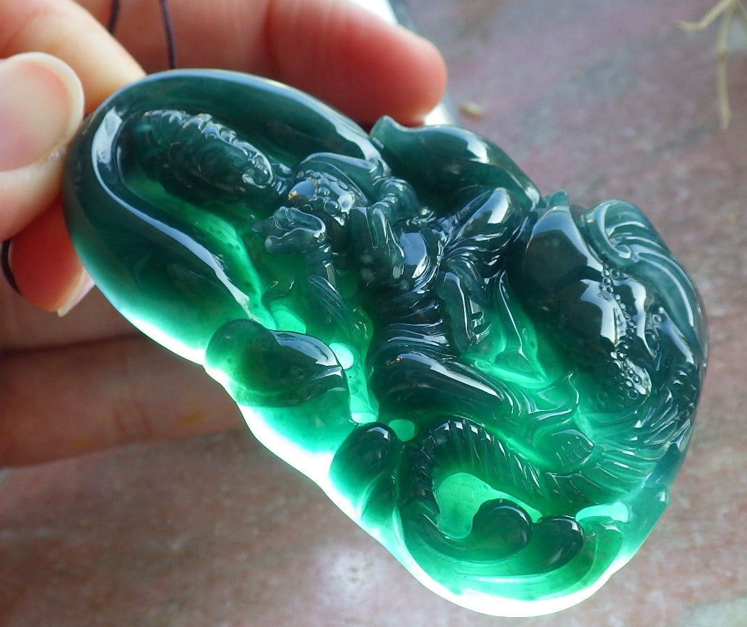 Certified Icy Green Burma 100% Natural A Jade jadeite Pendant  Guanyin Kwan Yin Elephant Necklace 观音 650363 TN