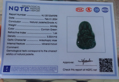 Certified Icy Green Burma 100% Natural A Jade jadeite Pendant  Guanyin Kwan Yin Elephant Necklace 观音 650363 TN