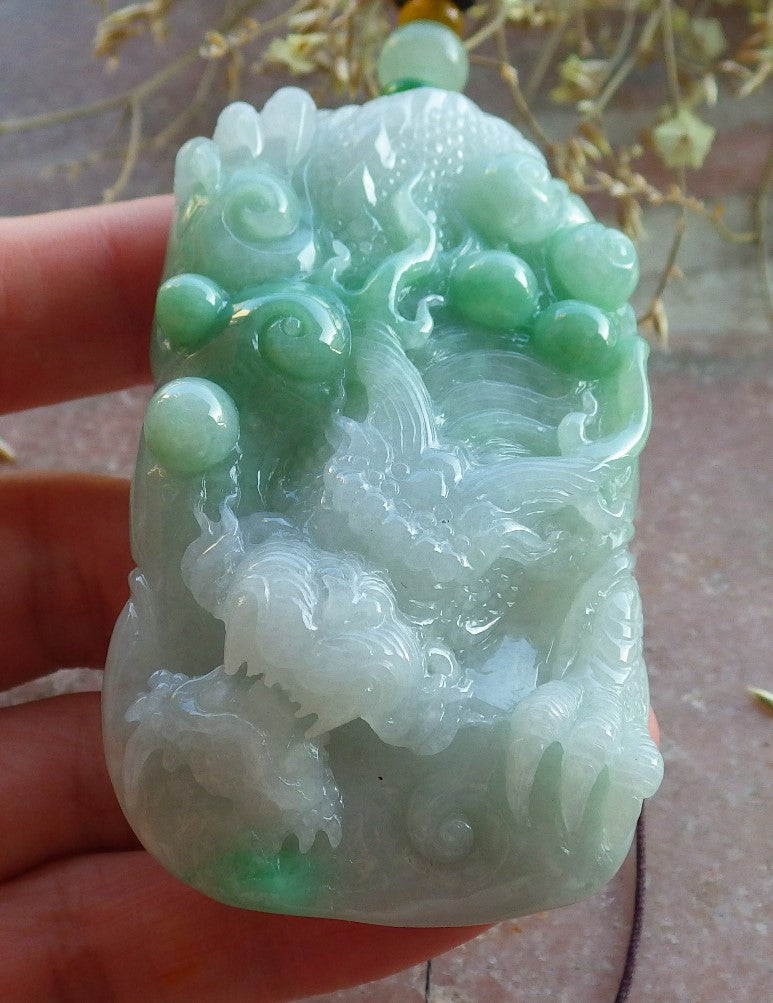 Certified Green Burma 100% Natural A Jade jadeite Pendant Dragon Necklace 生意兴隆 650385 TN