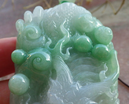 Certified Green Burma 100% Natural A Jade jadeite Pendant Dragon Necklace 生意兴隆 650385 TN
