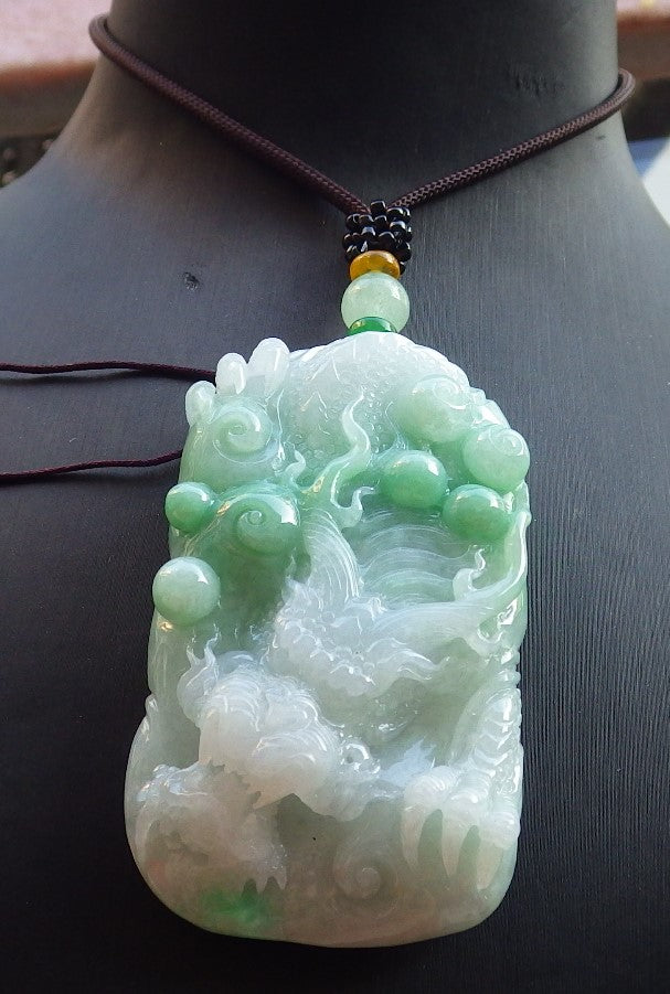 Certified Green Burma 100% Natural A Jade jadeite Pendant Dragon Necklace 生意兴隆 650385 TN