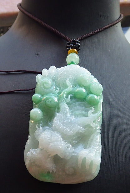 Certified Green Burma 100% Natural A Jade jadeite Pendant Dragon Necklace 生意兴隆 650385 TN