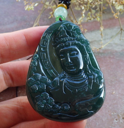 Certified Icy Green Burma 100% Natural A Jade jadeite Pendant Guanyin Kwan Yin Flower Necklace 观音 650396 TN