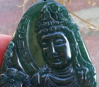 Certified Icy Green Burma 100% Natural A Jade jadeite Pendant Guanyin Kwan Yin Flower Necklace 观音 650396 TN