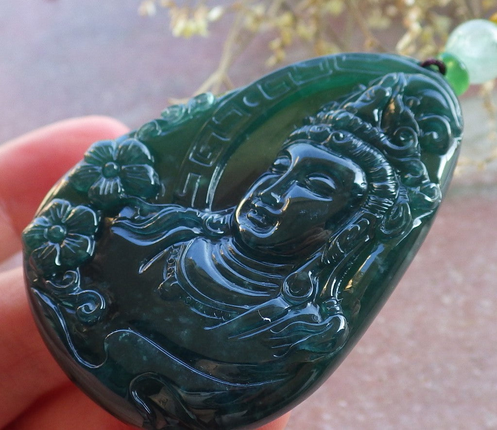 Certified Icy Green Burma 100% Natural A Jade jadeite Pendant Guanyin Kwan Yin Flower Necklace 观音 650396 TN