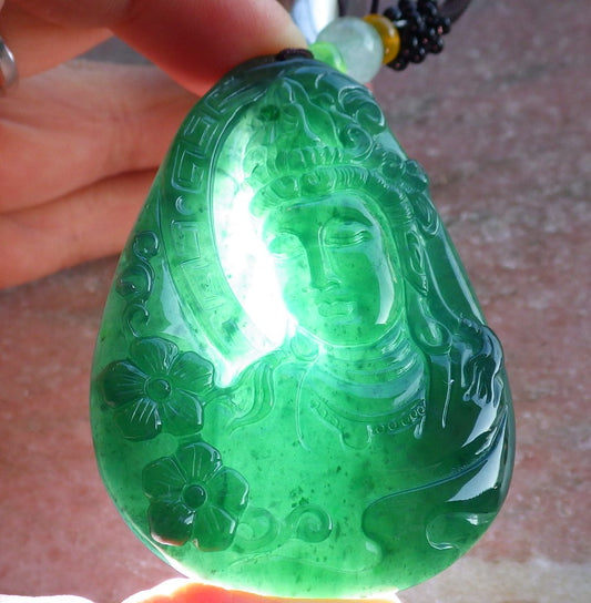 Certified Icy Green Burma 100% Natural A Jade jadeite Pendant Guanyin Kwan Yin Flower Necklace 观音 650396 TN