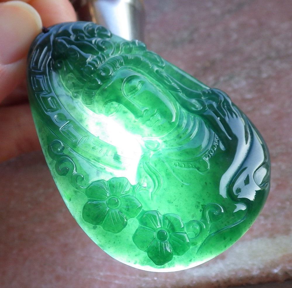 Certified Icy Green Burma 100% Natural A Jade jadeite Pendant Guanyin Kwan Yin Flower Necklace 观音 650396 TN