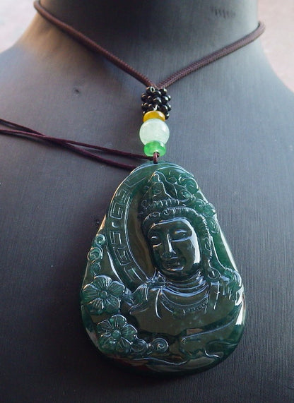 Certified Icy Green Burma 100% Natural A Jade jadeite Pendant Guanyin Kwan Yin Flower Necklace 观音 650396 TN