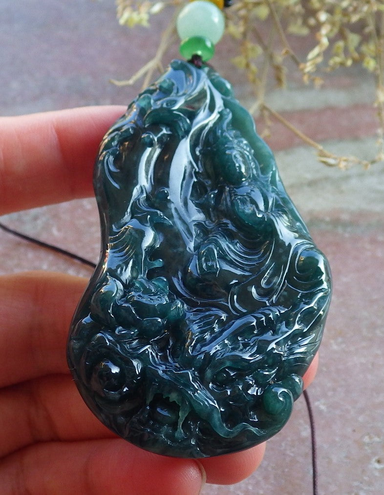 Certified Icy Green Burma 100% Natural A Jade jadeite Pendant  Guanyin Kwan Yin Dragon Phoenix Lotus Flower 龙凤 650405 TN
