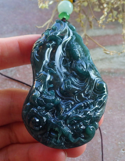 Certified Icy Green Burma 100% Natural A Jade jadeite Pendant  Guanyin Kwan Yin Dragon Phoenix Lotus Flower 龙凤 650405 TN